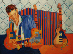 oil painting featuring a young man in a suit playing guitar with a mesh fence and shipping container in the background.